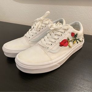 Custom Rose/Checkered Embroidered Vans (White)